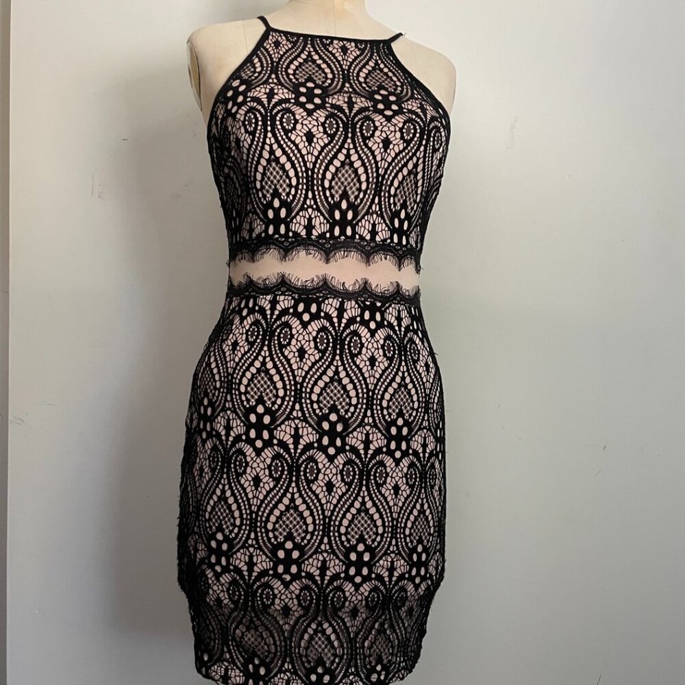 Black Lace Overlay Sleeveless Bodycon Dress